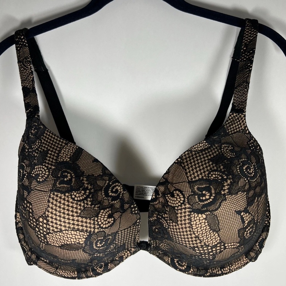 Lilyette Women Bra Size 36DD Plunge Underwire Lace Overlay Molded Black